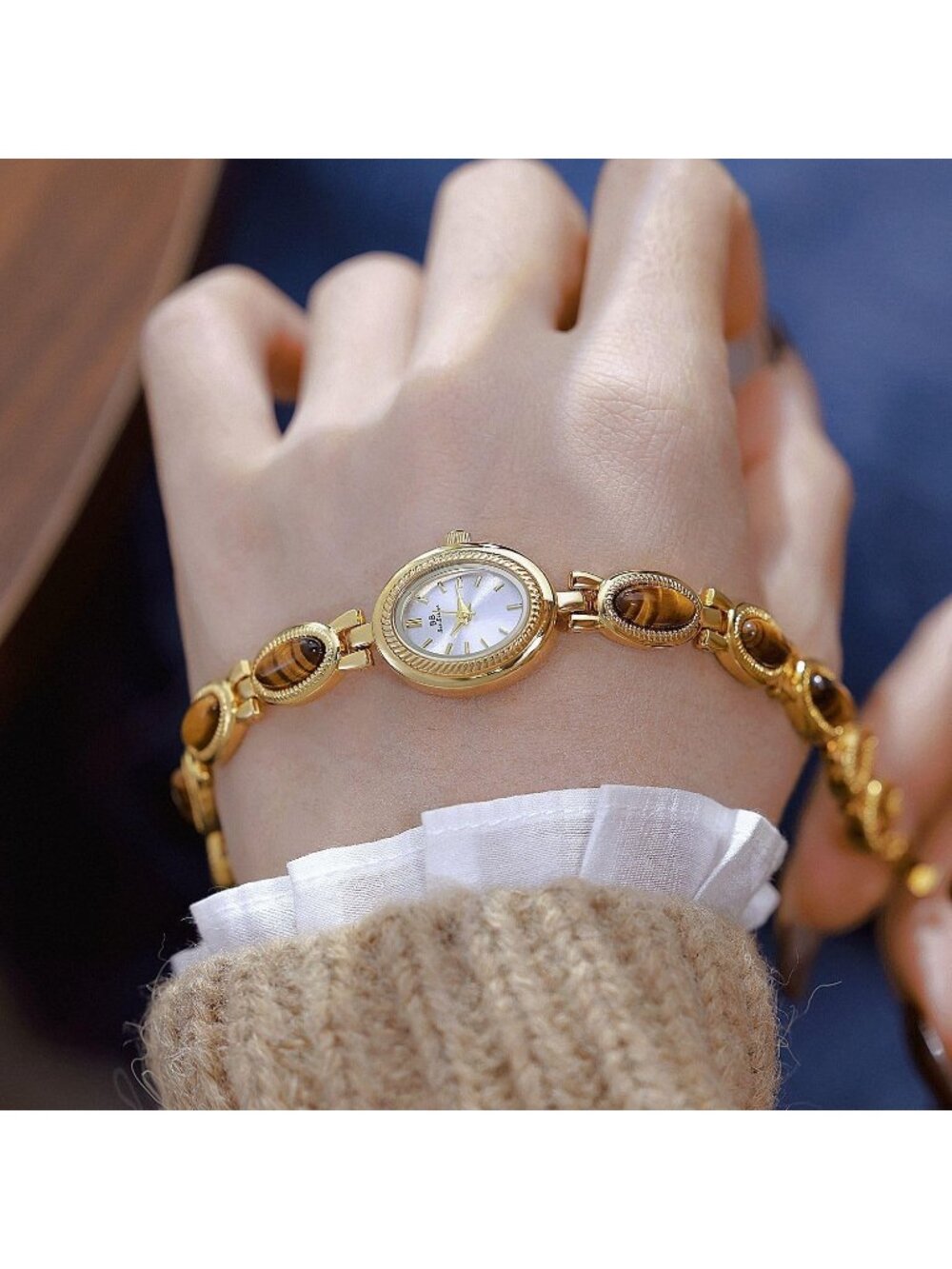 Women's Gold And Brown Analog Quartz Oval Dainty Vintage Bracelet Luxury Watch - Picture 2 of 6